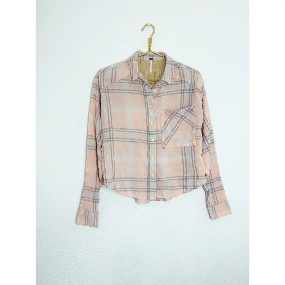 Free People Cotton Cropped Plaid Batwing Shirt Size Small Pink Boho Western